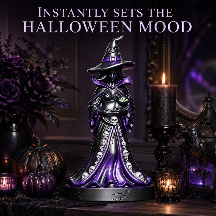 🔥 Last Day 49% OFF – 🧙‍♀️ Midnight Witch & Black Cat Lantern Figurine ✨