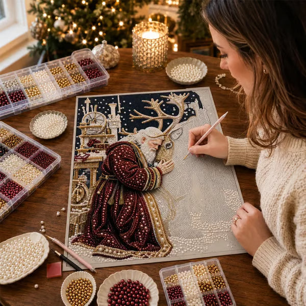 🎅🎄 Premium 3D Pearl Christmas Reindeer Diamond Painting Art Kit | Luxury Flocked Canvas with Scratch-Resistant Non-Fading Pearl Beads DIY Holiday Decor⛄️❄️